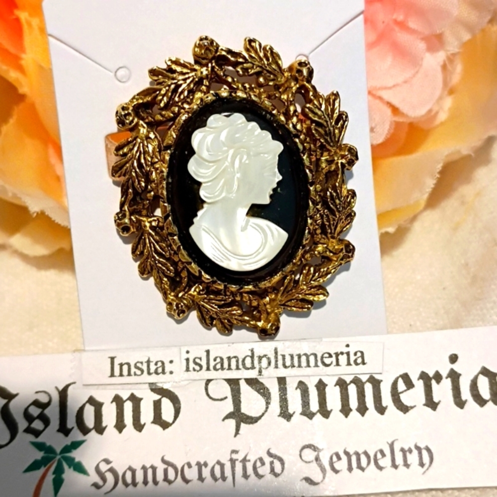 Vintage Style New Gold and Black Cameo Brooch